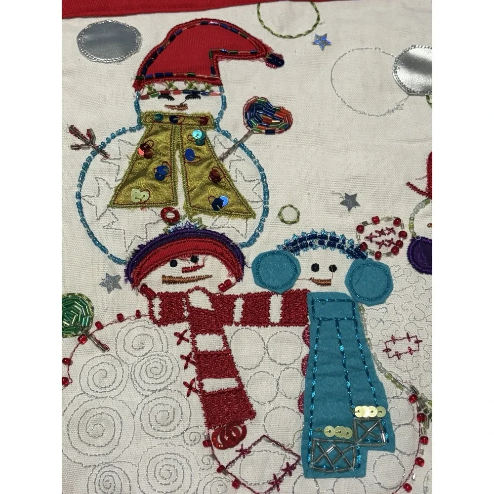 Pier 1 Embroidered Beaded  Christmas Table Runner~Whimsical Snowman Sequins~72
